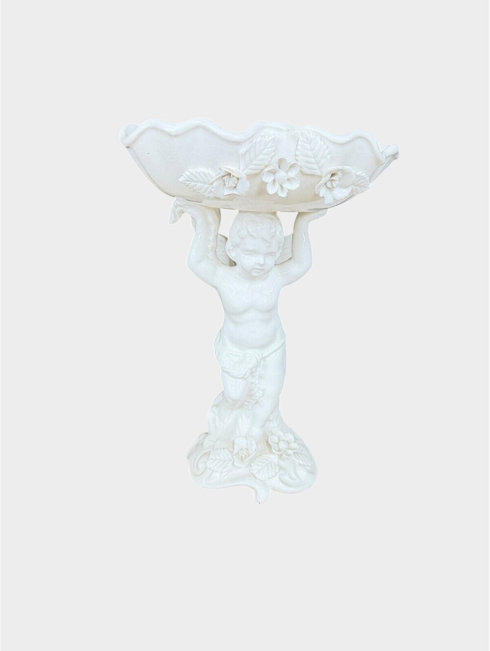 Vintage White Cherub Pedestal Compote Bowl Floral Porcelain Angel Dish 9.5”